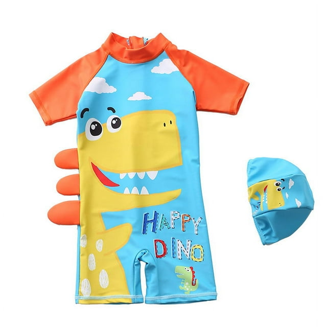 Traje de baño de una pieza de manga corta con protector solar para playa, traje de baño de aguas termales con sombrero para niño pequeño, azul, blanco, nube, dinosaurio L (90‑100 cm, 13‑16 kg)