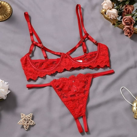 PuPy Plus Size Lingerie Bodysuit Shapewear  Women s Floral Lace Bow Underwired Bra Thong Ruffled Skirt Stockings Lingerie Set Clearance Deals
