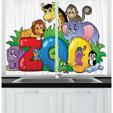 Character Curtain - Zoo Curtains 2 Panels Set, Zoo Sign with Various Animals Mascot Cartoon Characters Cute Playful Kids Room Print, Window Drapes for Living Room Bedroom, 55W X 39L Inches, Multicolor, by Ambesonne