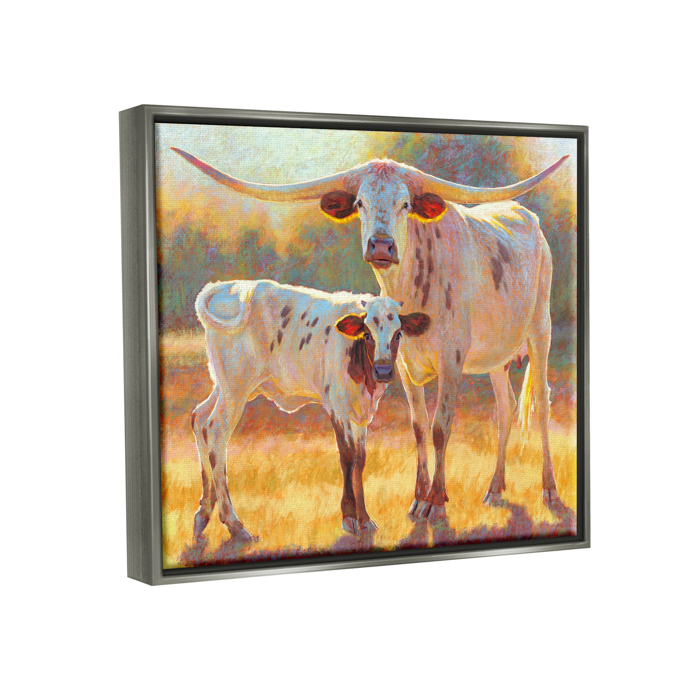 Longhorn & Calf Standing Farm Field Animals & Insects Painting Luster Gray Framed Art Print Wall Art