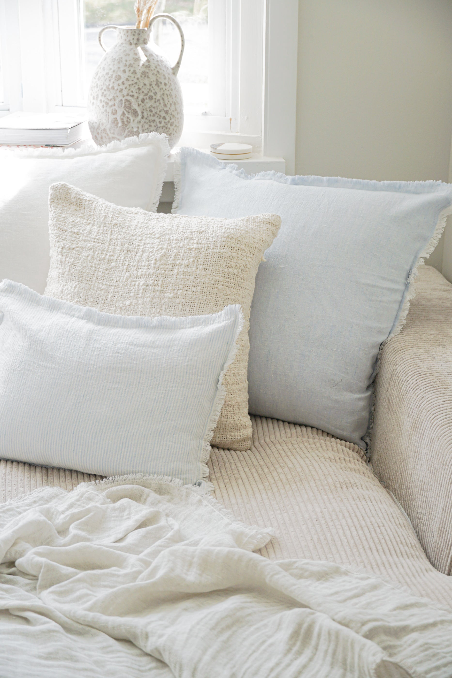 Sky Blue Fringe Soft Linen Pillow 26x26 Pillow Cover Only