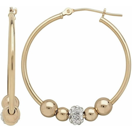 Square Beaded Hoops - Simply Gold 10kt Yellow Gold 30mm Round Hoop with 4 Polished Beads and 1 Crystal Bead Earrings
