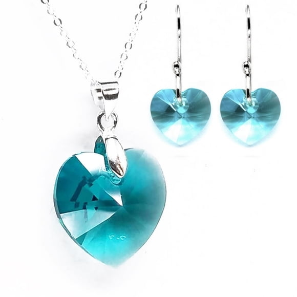 Juego de aretes y cadena ZVEZDA con dije en forma de corazón plata mexicana ley .925 Azul Zircon