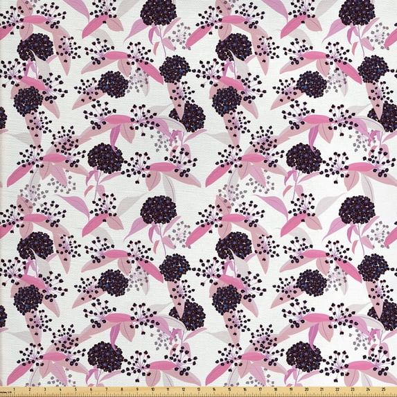 Floral Sofa Upholstery Fabric by the Yard, Print of Hydenyear Flowers and Leaves, Decorative Fabric for DIY and Home Accents, White Multicolor by Ambesonne