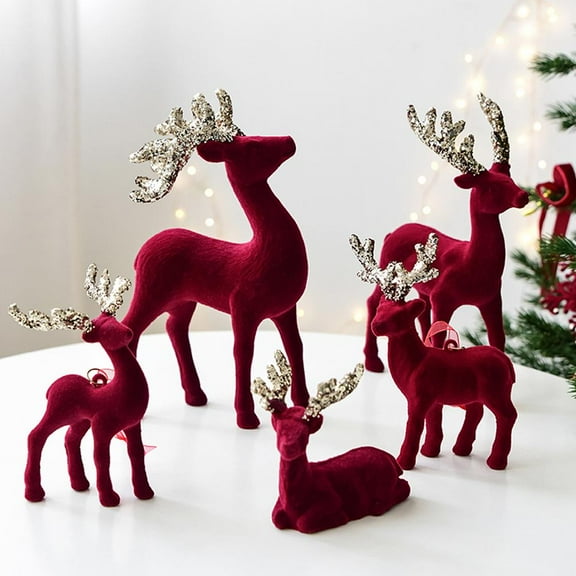 5pcs Christmas Reindeer Tabletop 8.5" H Red Flocking Standing Deer Decorations, Indoor Decorative Ornaments for Kitchen Mantle Shelf Office Home Décor