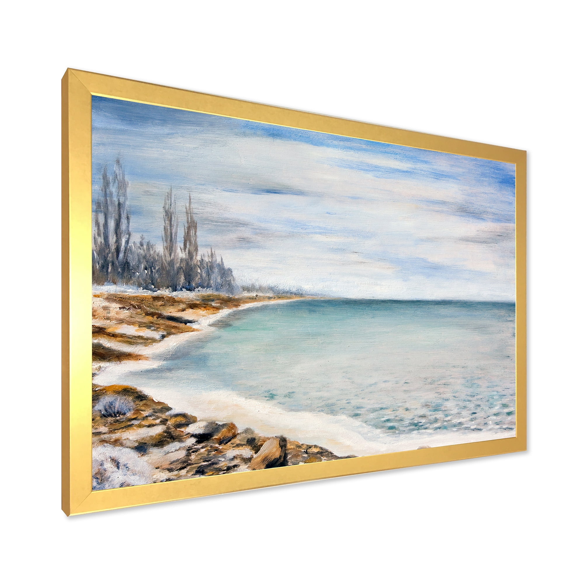 Designart 'Beach Is Covered With Ice' Nautical & Coastal Framed Art Print