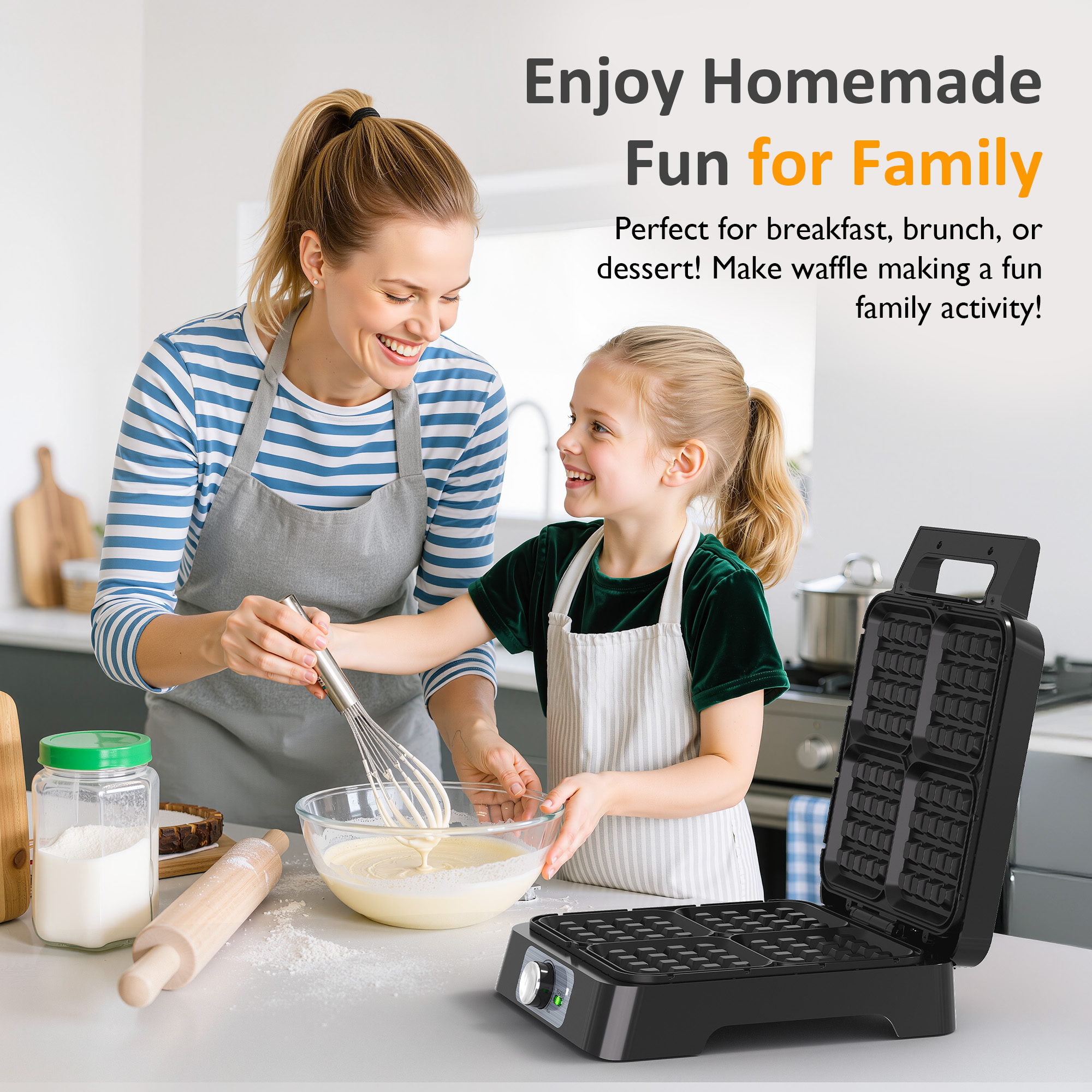 Heynemo Electric Waffle Maker 4 Slices, Stainless Steel Waffle Iron with Adjustable Heat, Nonstick Coating & Cool Touch Handle