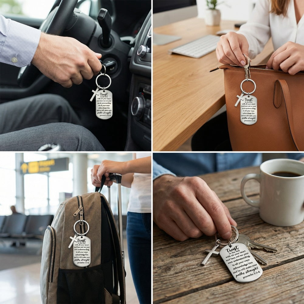 Bible Verse Keychains Bulk, 12 Pcs Stainless Steel Inspirational Key Rings with Cross Charms Engraved Proverbs 3:5-6, Christian Faith Gifts for Baptism Easter Christmas Religious Party Favors