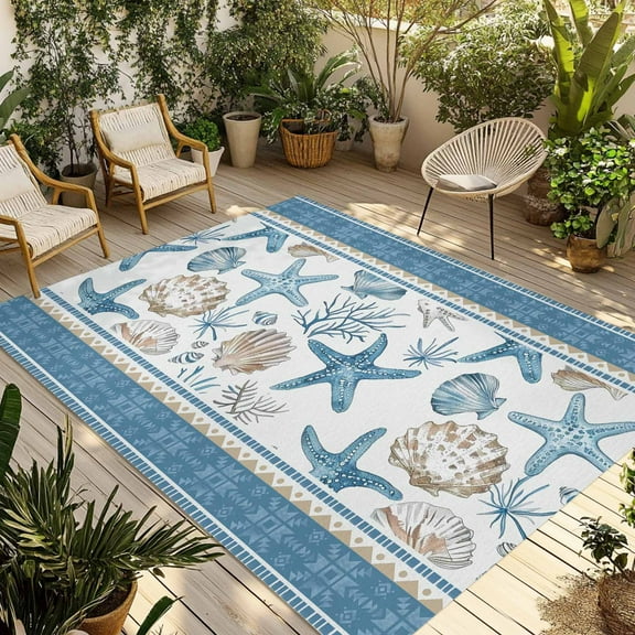 Fsddascl Blue Coastal Nautical Outdoor Rug for Patio/Deck/Porch, Non-Slip Large Area Rug 4 x 6 Ft, Summer Beach Starfish Shell Coral Indoor Outdoor Rugs Washable Area Rugs, Camping Rug Carpet