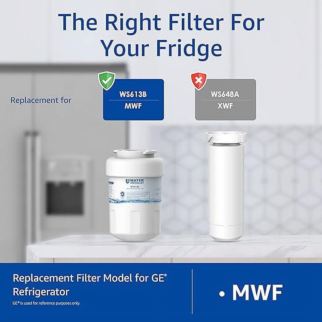 Waterspecialist MWF Refrigerator Water Filter, Replacement for GE® Smart Water MWF, MWFINT, MWFP, MWFA, GWF, HDX FMG-1, WFC1201, RWF1060, Kenmore 9991, 4 Packs