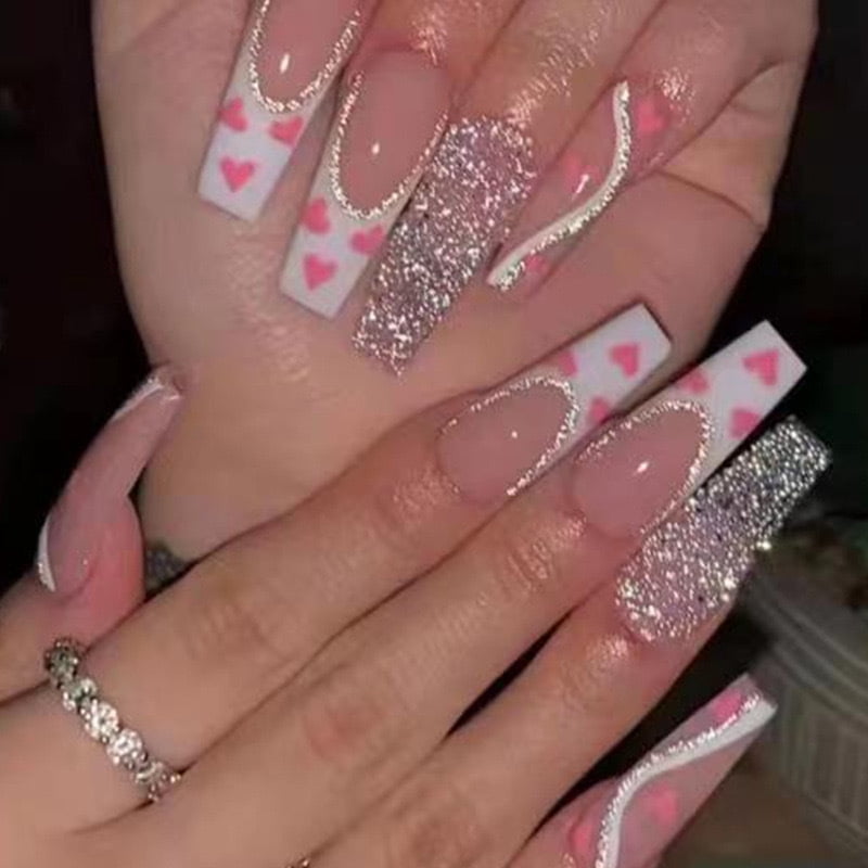 Cross-border hot sale ballet fake nails sweet love flash silver glitter embellishment wearing nail piece finished product wholesale