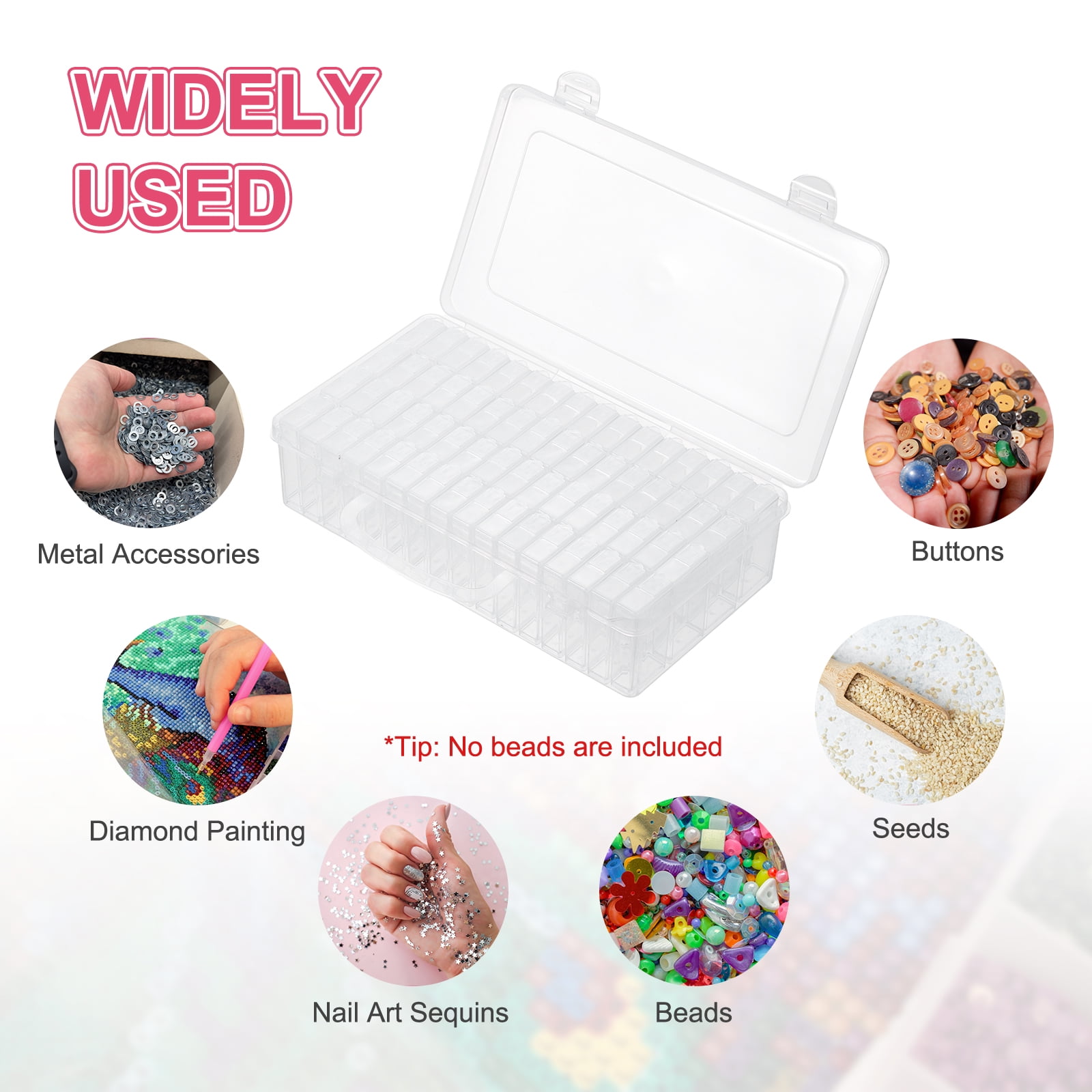 Uxcell 64 Slots Diamond Art Storage Containers, Clear Plastic Diamond Art Painting Beads Organizer Case Accessories with Labels for Jewelry Nail Crafts Rhinestones, 8.8x4.7x2.1inch