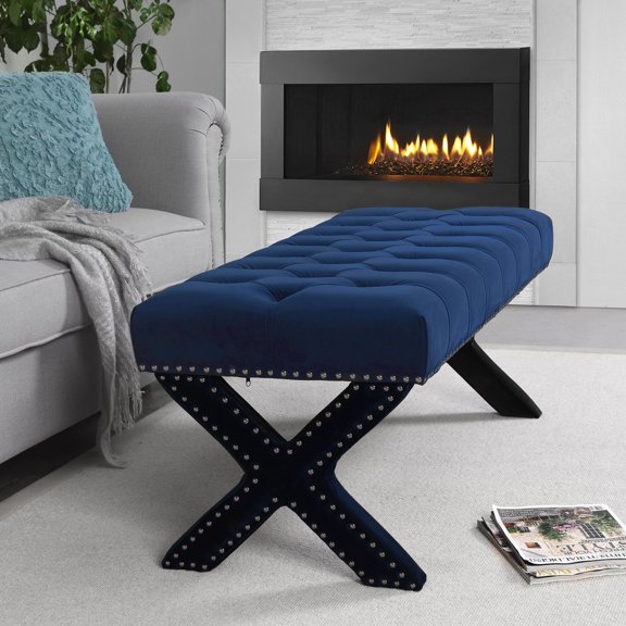 Kari Navy Velvet Bench - Button Tufted, Silver Nailhead Trim, X-Legs