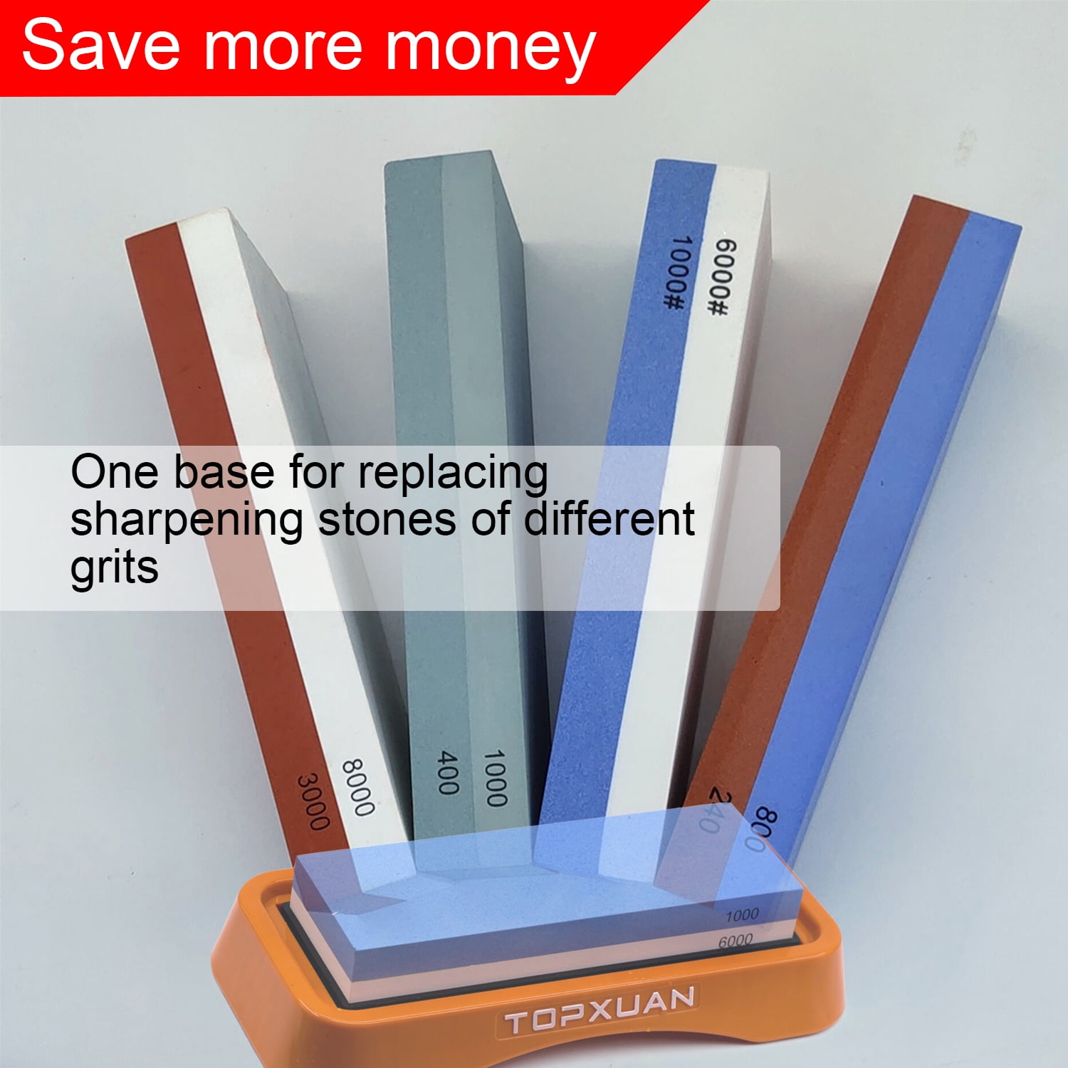 TOPXUAN Knife Sharpening Stone 2 Sided 1000/6000 Grit sharpener Waterstone,Professional Kitchen Whetstone with Orange Plastic Base,Non-slip Rubber and Angle Guide