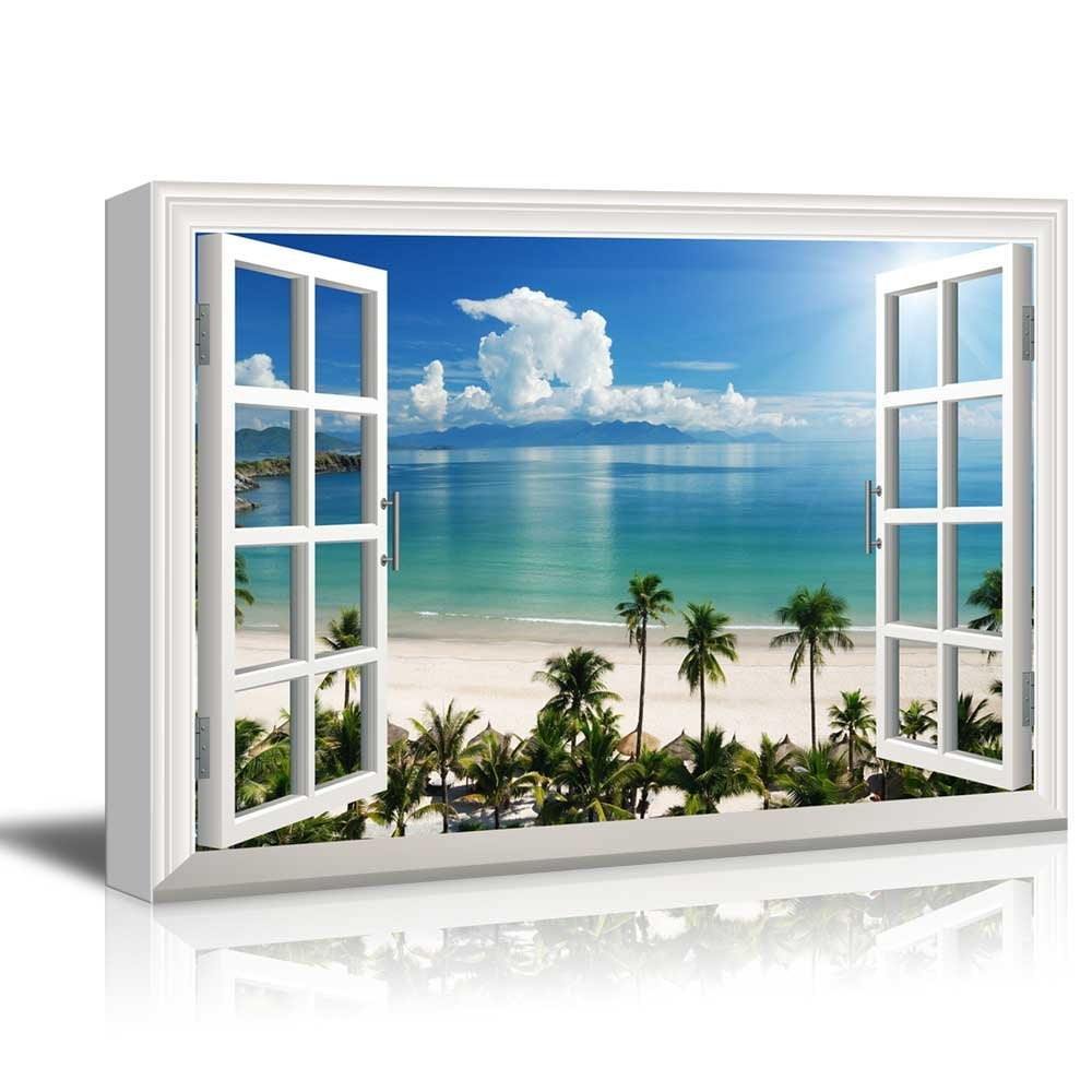 Window View Tropical Landscape with Beach and Palm Trees Gallery 24x36 ...