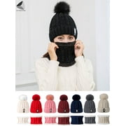 Sixtyshades Womens Winter Fleece Beanie Hats Scarf Set Pompom Knitted Ski Slouchy Knitted Caps (Black)