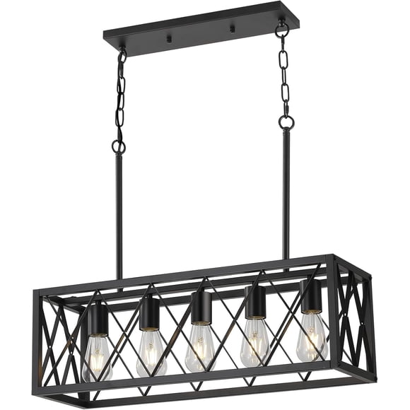 KEESFU Black Farmhouse Kitchen Island Lighting, 5 Lights Pendant Fixtures, Adjustable Height Industrial Dining Light for Living Room Foyer Table Over Sink