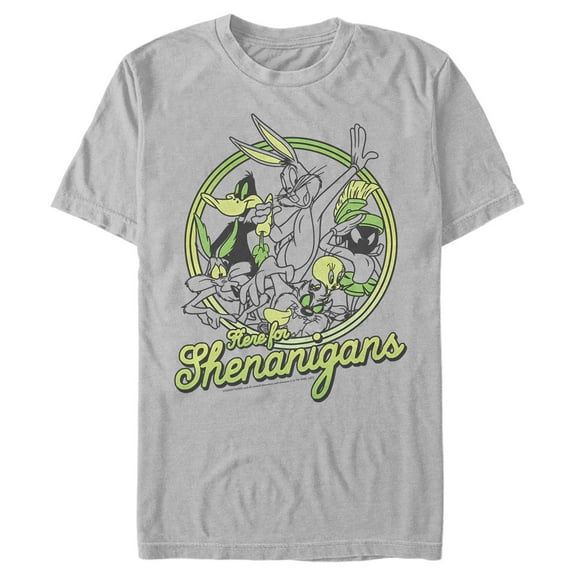 Men's Looney Tunes St. Patrick's Day Here for Shenanigans  Graphic Tee Silver Large