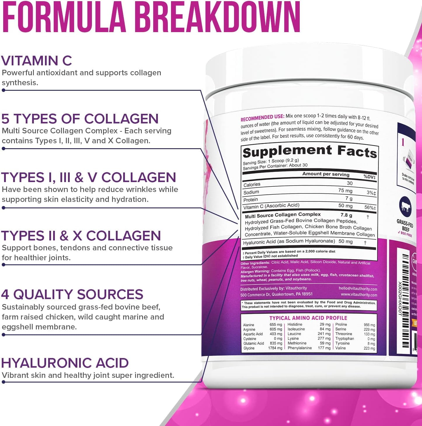 Vitauthority Multi Collagen Peptides Hydrolyzed Protein Powder with Hyaluronic acid & Vitamin C, Pink Lemonade, 9.7 oz