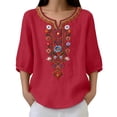 thumbnail image 4 of Guluxicc 3/4 Length Sleeve Womens Tops Summer Casual V Neck Cotton Linen T Shirts Boho Embroidery Blouse Comfy Loose Tunic Top, 4 of 8