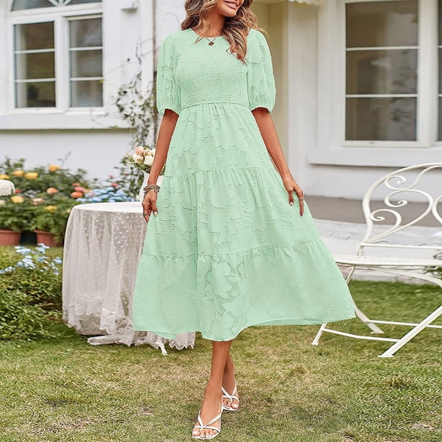 Robes Maxi pour Femmes Robe à Col Rond Décontractée à Manches Courtes Unie à Taille Superposée en Mousseline avec Ceinture Robe à Manches Courtes en Liquidation
