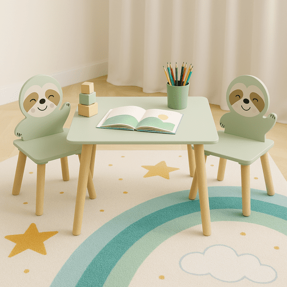 Kids Table and Chair Set with 2 Cute Sloth Chairs, Wooden Toddler Activity Table, Cute Animal Design Play & Study Set for Playroom, Bedroom, Classroom – Sage Green