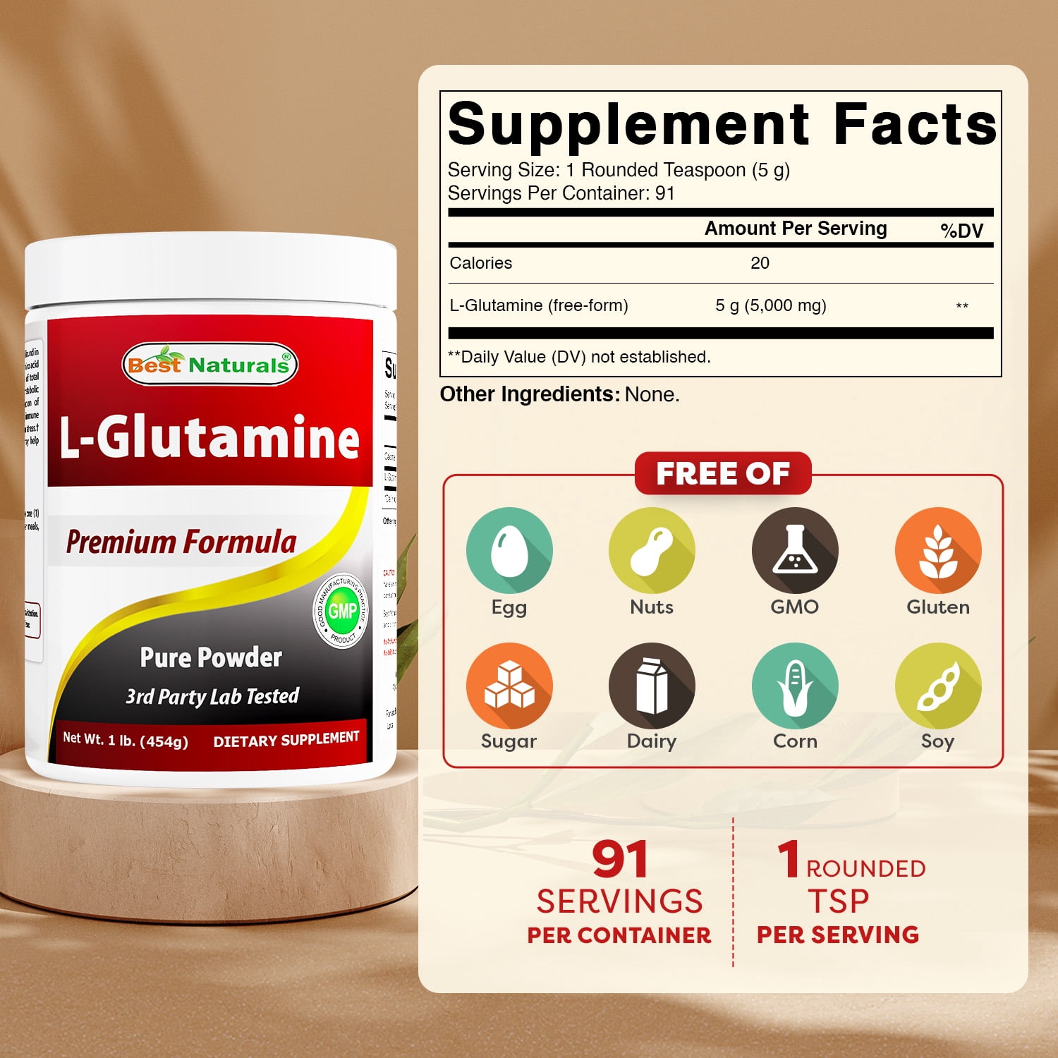 (2 pack) Best Naturals L-Glutamine Powder 1 Lb - 100% Pure - Free Form