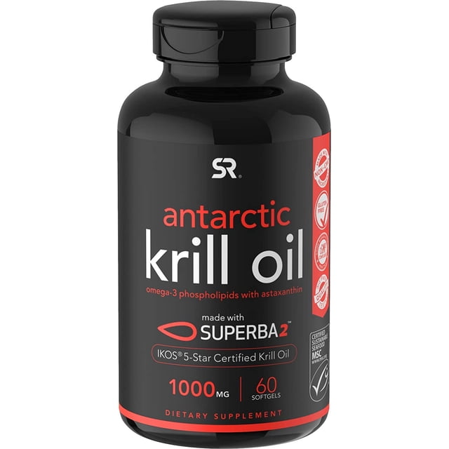 Aceite de Krill Antártico 1000 mg Sports Research 9342442984 con Omega 3 EPA y DHA +Astaxantina Certificado 60 Capsulas Blandas Negro Sports Research 9342442984
