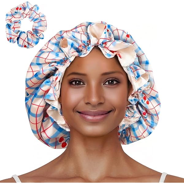 wonima11 Floral Satin Bonnet with Scrunchie Set,Double Layer Ruffle Reusable Sleeping Shower Cap for Curly Hair Blue-cherry