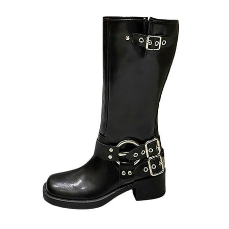 

BOBOGOJP Back To School Knee High Boots Women Square Toe Pull On Boots Wide Calf Riding Boots Fashion Buckles Chunky Boots Metallic Casual Vintage Buckle Rivet Boots (Black 6.5)