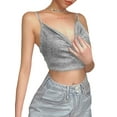 thumbnail image 2 of Txlixc Blusa de verano para mujeres, correas de espaguetis brillantes, negras cuello V de corte bajo para niñas Txlixc moda, 2 of 6