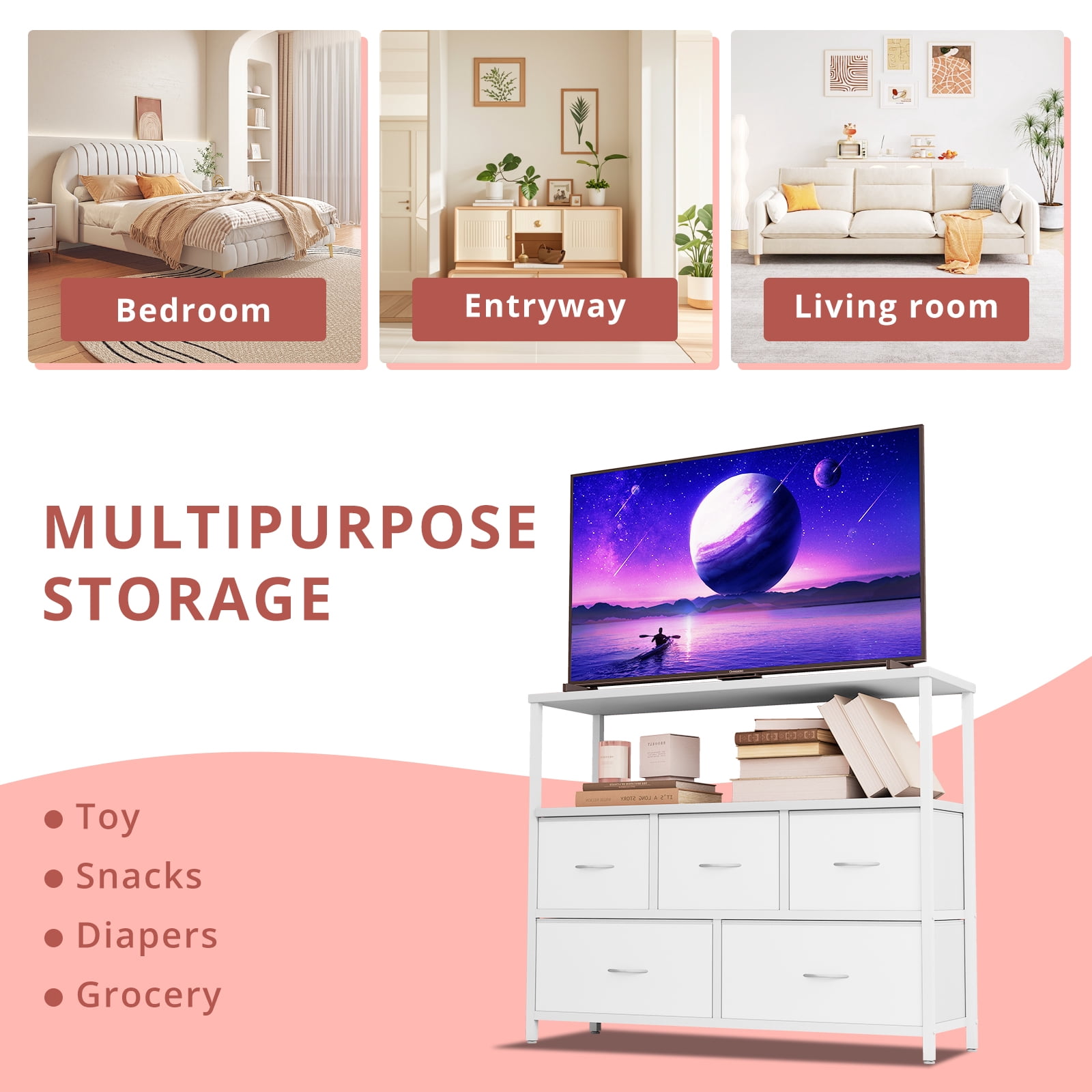 TV Stand, White Dresser for Bedroom, Entertainment Center for 45 Inch TV with Drawers, Fabric, Adjustable Feet, Living Room