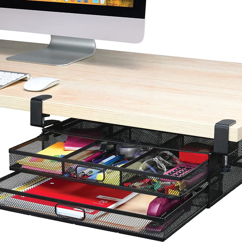 Space Efficient Under Desk Drawer Storage Metal Frame Organizer Two Tiers Basket
