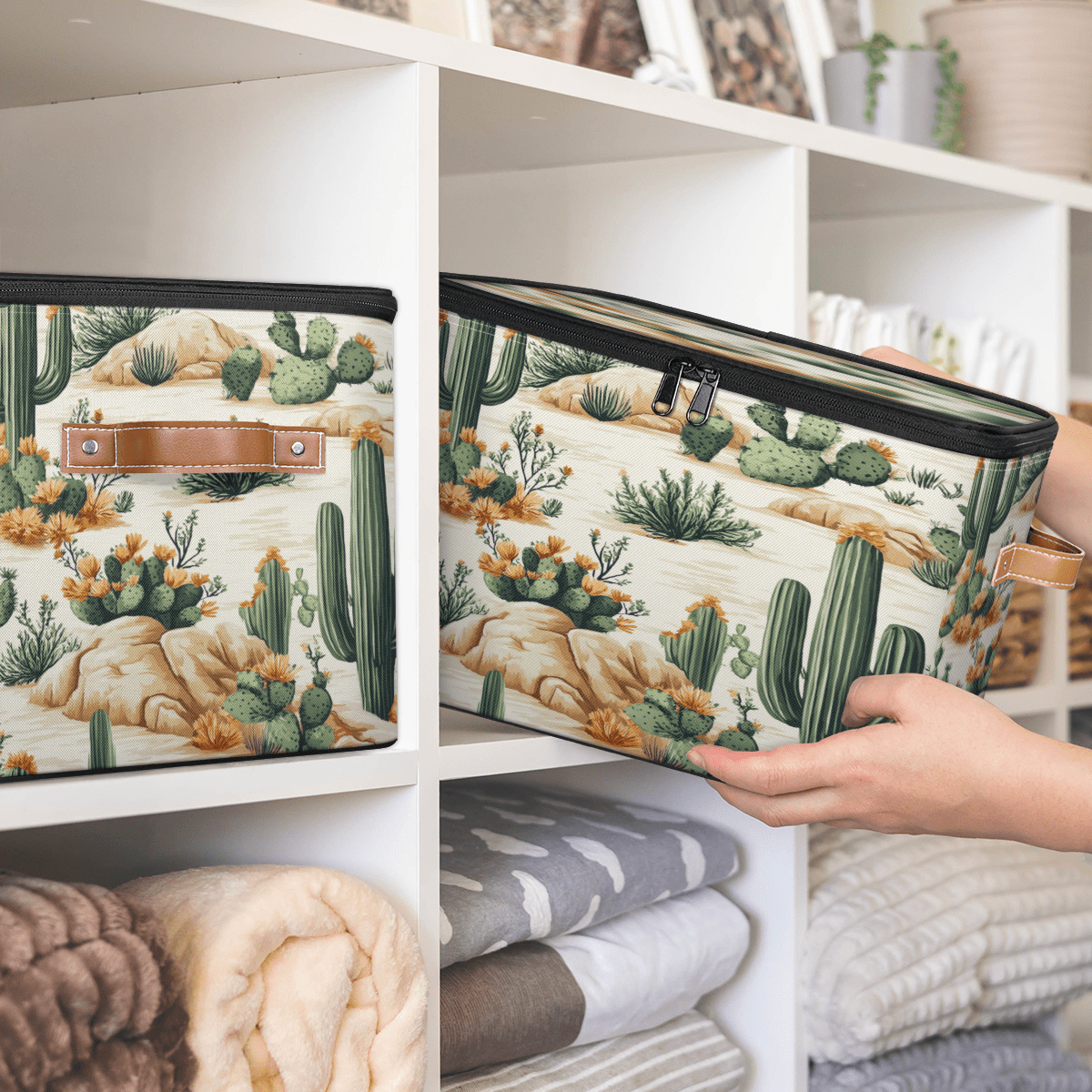 ADECORIVY Cactus Storage Bin with Lid Fabric Tropical Desert Cactus Plant Foldable Storage Baskets Boxes for Clothes Shelves Closet Organizer Containers with Leather Handles for Wardrobe