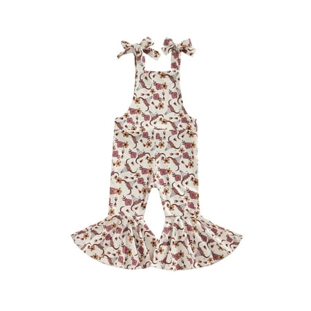 

Toddler Kids Girl Suspender Flare Pants Horn Flower Print Ruffle Bell Bottoms Sleeveless Jumpsuit