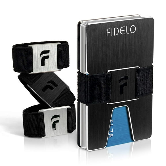 Fidelo Minimalist Wallet for Men – Slim Pop Up Wallet With Money Clip Made of Aluminum with Pull Tab for Quick access - RFID Blocking Smart Wallet With 4 Modern Cash Bands - Titan Black