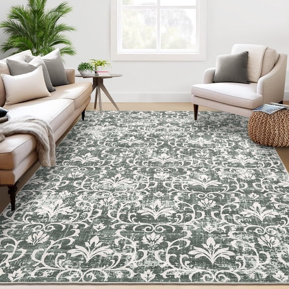 ZACOO 9'x12' Area Rug, Machine Washable Ultra Thin Non‑Slip Floral Botanical Carpet for Living Room Dining Room, Grey‑Green