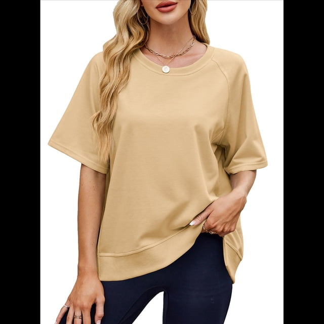 Camisetas de Gran Tamaño para Mujer, Cuello Redondo, Corta, Blusas Casuales de Verano, Blusas Holgadas de Corte Alto Amarillo Albaricoque L