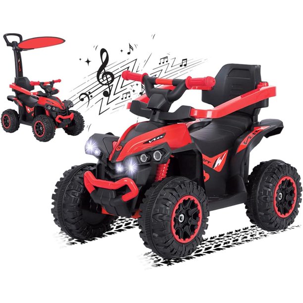 Carrito Infantil Electrico Montable para Niños con Sombrilla Cuatrimoto Eléctrica con Bastón para Bebes Manejo Directo con Luces Estereo y Pedales Funcionales (Rosa)