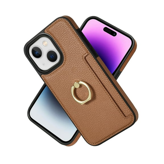 Allytech iPhone 13 Wallet Case, iPhone 13 Cover, With Ring Holder Stand Premium PU Leather Cards Holder Shockproof Anti-Scratch Protective Phone Case for Apple iPhone 13 - Brown