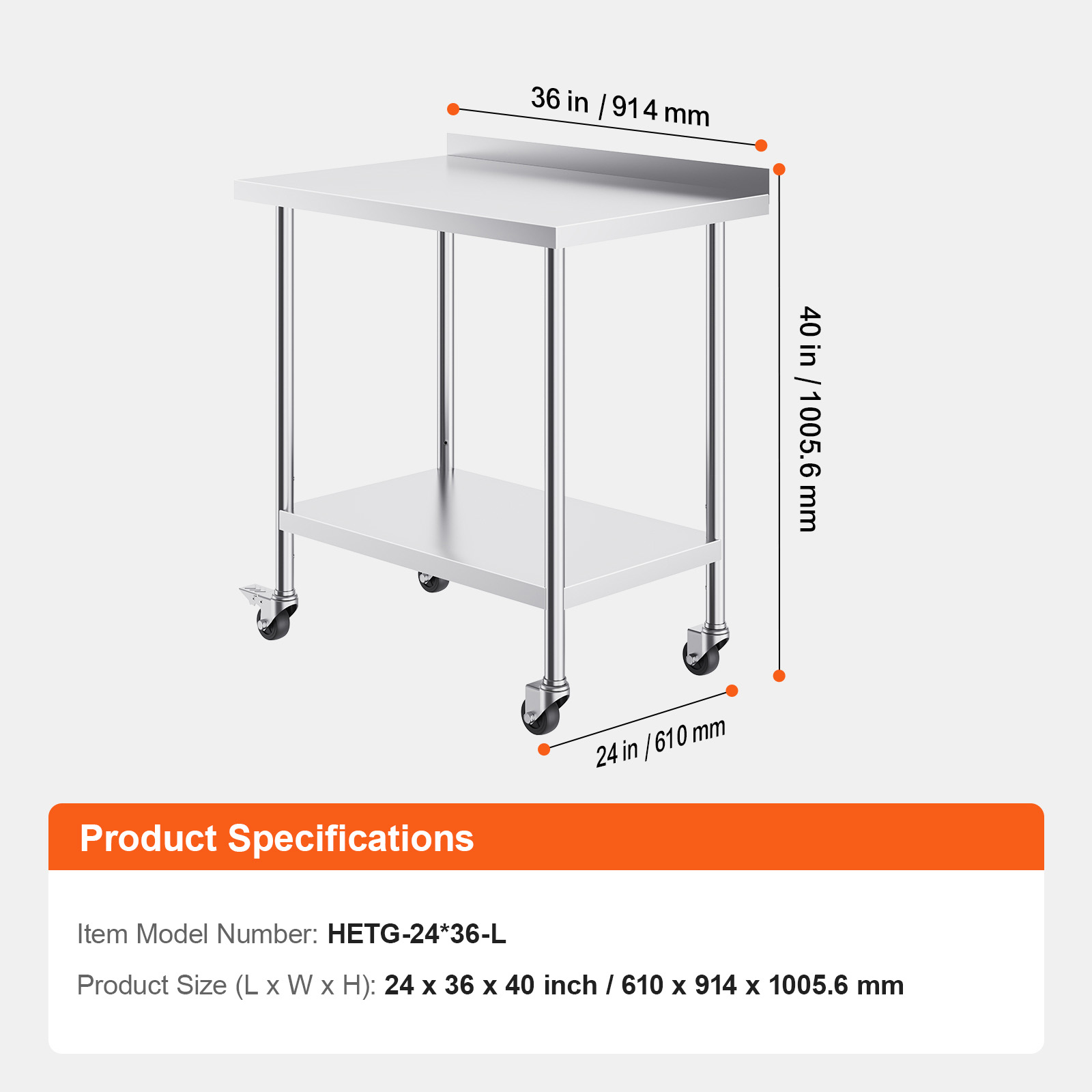 KFFKFF 24 x 36 x 40 Inch Stainless Steel Work Table, Commercial Food Prep Table with Wheels, Durable Metal Table with Adjustable Height for Kitchen, Home, and Hospitality Use
