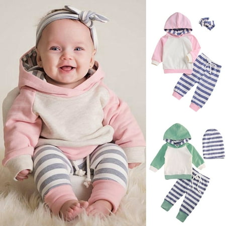 

0-24M Baby Girls Boys 3PCS Stripe Fall Outfits Hoodie Pants Headband Clothes