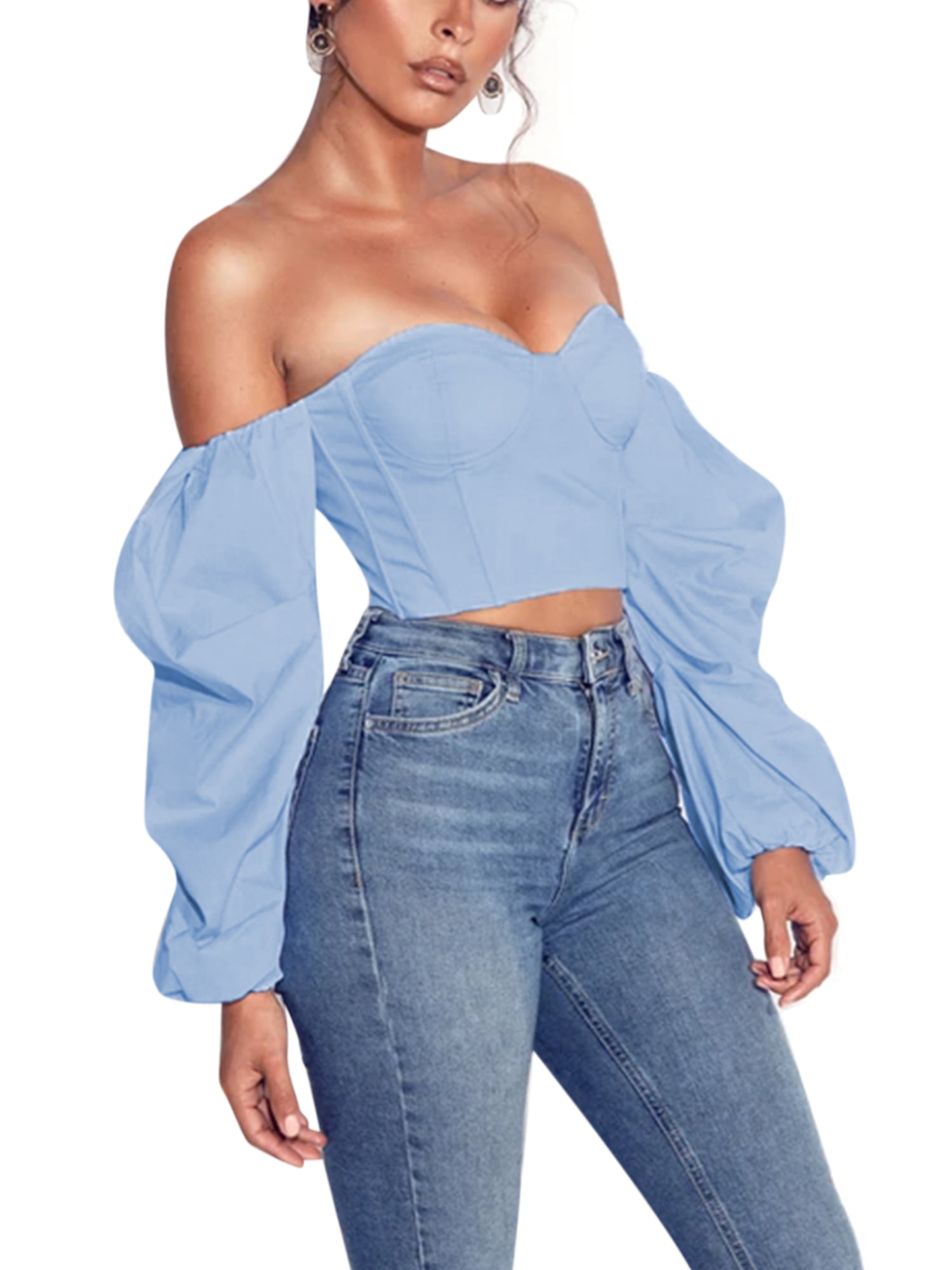 Women Casual Off the Shoulder Blouse Long Sleeve Strapless Cropped T-shirt Tops