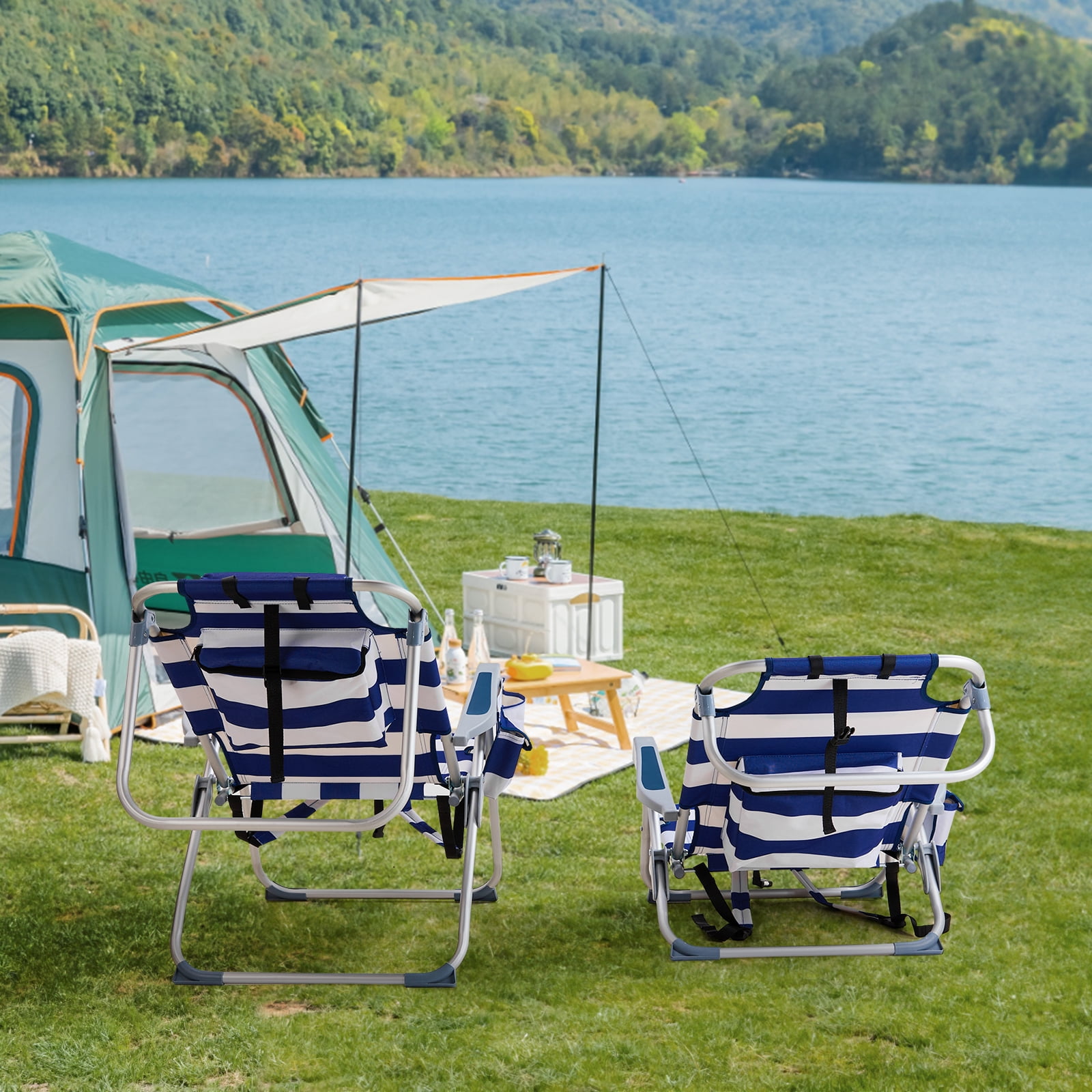 Beach Chair, Heightened Oxford Cloth Silver White Aluminum Tube Bearing Blue Stripes 63*70*99cm