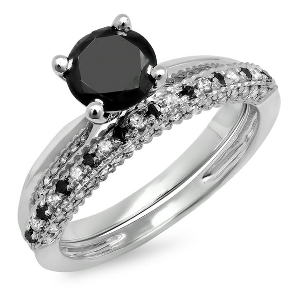Dazzlingrock Collection 1.50 Carat (ctw) 10K Black & White Diamond Bridal Engagement Ring Set 1 1/2 CT, White Gold, Size 7