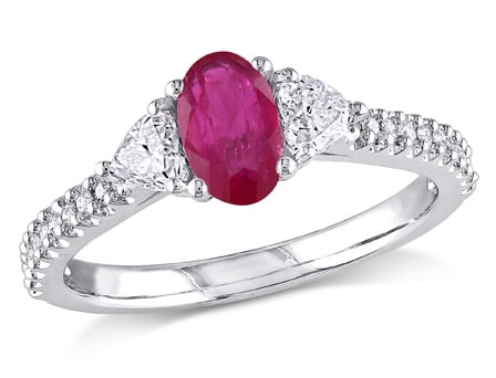 Tangelo 3 5 Carat T.G.W. Ruby and 1 2 Carat T.W. Diamond 14kt White Gold Three-Stone Engagement Ring by Delmar Manufacturing