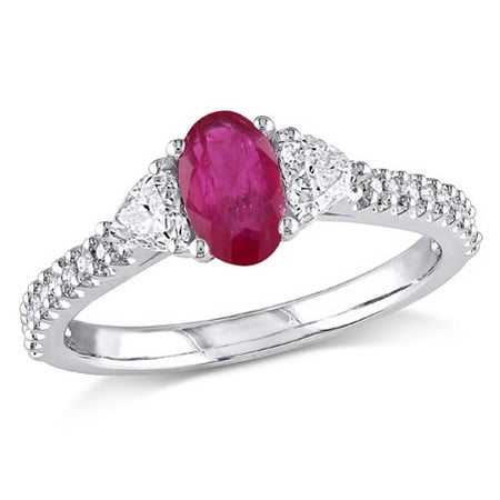 Tangelo 3/5 Carat T.G.W. Ruby and 1/2 Carat T.W. Diamond 14kt White Gold Three-Stone Engagement Ring