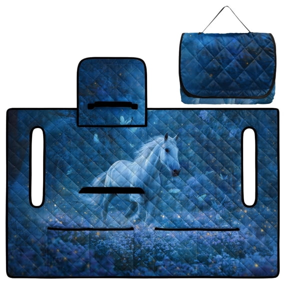 COEQINE Quilted Golf Cart Seat Cover, Folds Like a Bag with Handle for Easy Carry, Universal Fit 51.2"x30.3" for EZGO Yamaha Club Car 2-Seaters, 4 Pockets, Fantasy Horse Blue