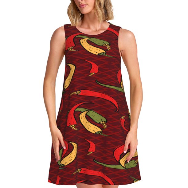 Fotbe Hot Chili Vestido de Verano sin Mangas para Mujer – Vestido Midi Línea A, Estilo Camiseta Floral, Vestido Playero Casual y Fluido