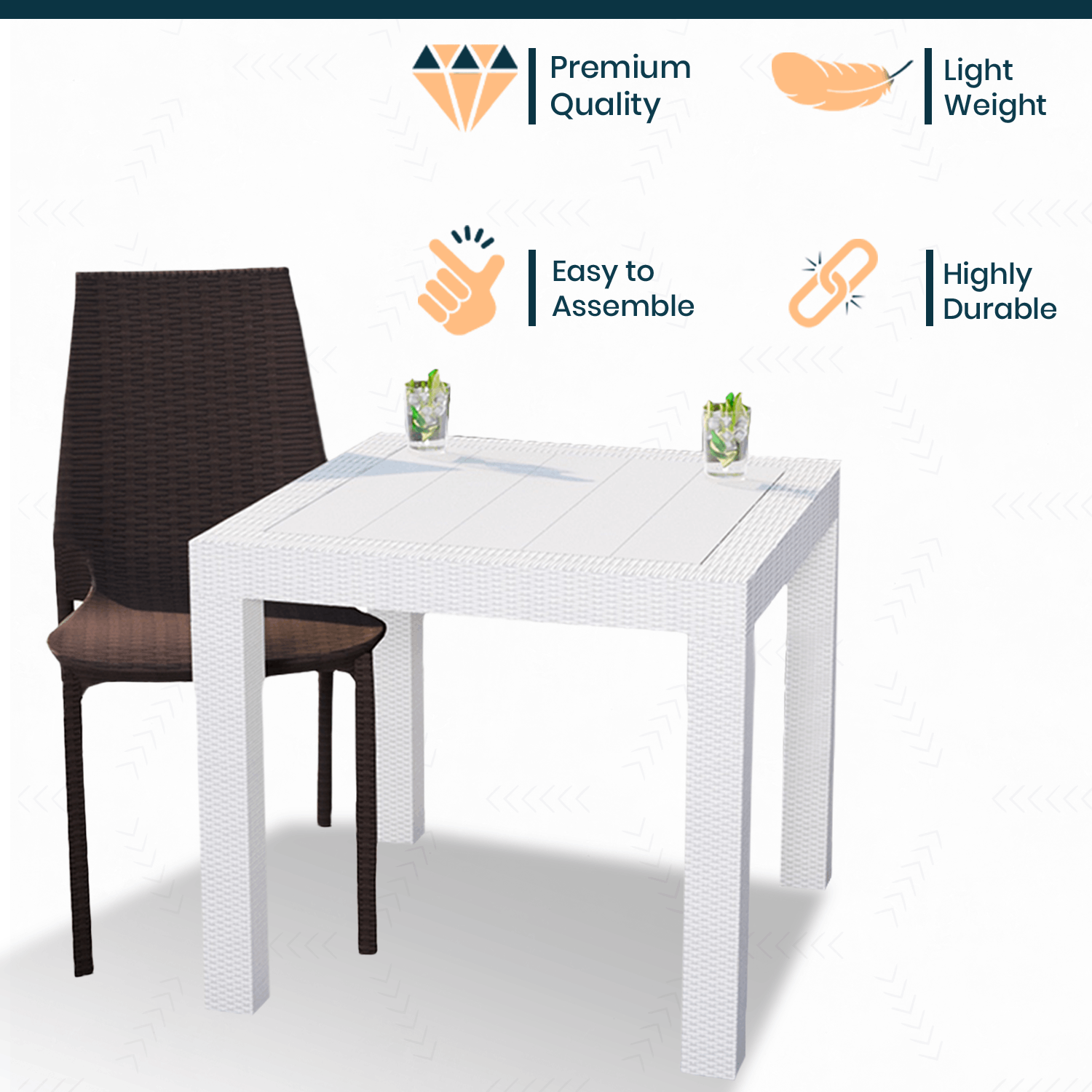 LeisureMod Kent Mid-Century Modern Weave Design 2-Piece Outdoor Patio Dining Set with Plastic Square Table and 2 Stackable Chairs for Patio, Poolside, and Backyard Garden (White/Brown) - image 4 of 18